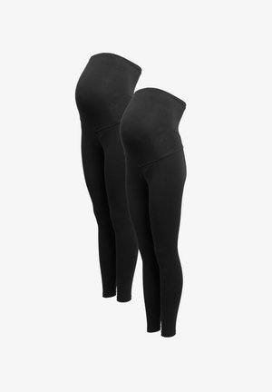 Zwarte zwangerschapsleggings met een hoge tailleband, rekbare stof en een gladde textuur, ontworpen voor comfort tijdens de zwangerschap.