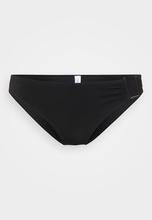 Black bikini bottom with a smooth texture, mid-rise design, gathered side details, and no visible patterns or hardware.