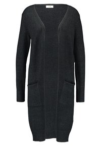 Cardigan long gris foncé avec un devant ouvert, des poches latérales, des manches longues et des poignets côtelés. Fabriqué à partir d'un matériau en tricot doux et texturé.