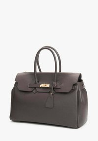 Donkergrijze leren handtas met een gestructureerde vorm, dubbele bovenhandvatten en een klep met een sluiting van goudkleurig metalen beslag.