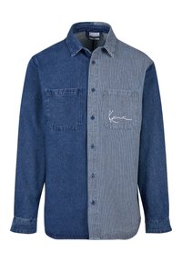 Denim-paita, jossa on tummansininen vasen puoli ja vaaleansininen raidallinen oikea puoli, rinnassa tasku ja logon brodeeraus.