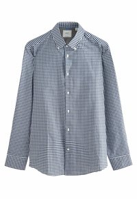 Karierte Button-Up-Bluse in Marineblau und Weiß, mit langen Ärmeln, aus Mischgewebe, spitzen Kragen und vorderem Knopfverschluss in normaler Passform.