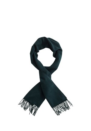 Écharpe en laine vert foncé avec des extrémités à franges, bouclée librement sur fond blanc.