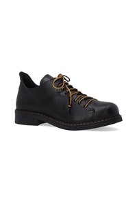 Schwarze Lederschuhe mit runder Spitze, kontrastierenden braunen Schnürsenkeln und einem niedrigen Blockabsatz, mit detaillierten Nähten entlang der Sohle.