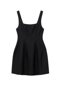 Robe noire sans manches avec un décolleté carré, des coutures pour la structure et une jupe évasée. Fabriquée en un tissu lisse avec une finition mate.