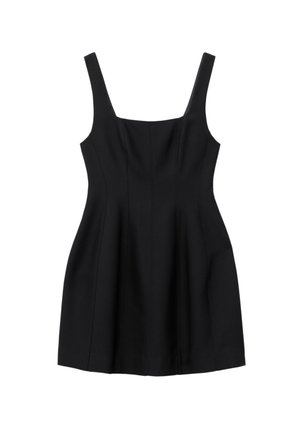 Schwarz sleeveless Kleid mit quadratischem Ausschnitt, Nähten für Struktur und einem ausgestellten Rock. Hergestellt aus einem glatten Stoff mit matter Oberfläche.