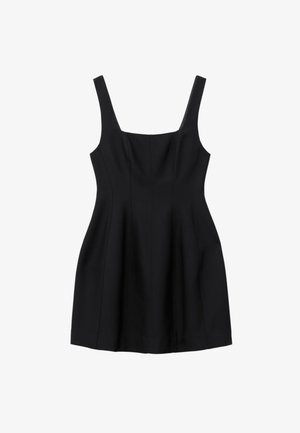 Schwarz sleeveless Kleid mit quadratischem Ausschnitt, Nähten für Struktur und einem ausgestellten Rock. Hergestellt aus einem glatten Stoff mit matter Oberfläche.