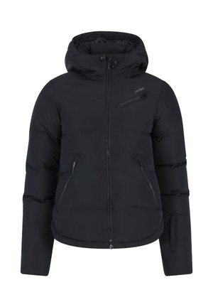 Black puffer jacket with a hood. Features include zippered front pockets, a chest pocket, and quilted texture. Lightweight, insulated design.