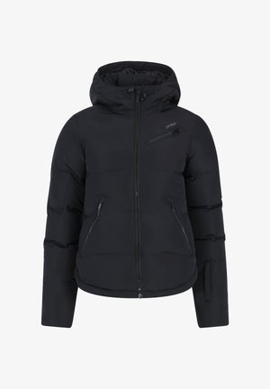 Chaqueta de plumón negra con capucha. Incluye bolsillos delanteros con cremallera, un bolsillo en el pecho y textura acolchada. Diseño ligero y aislante.