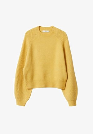 Pull jaune tricoté avec col rond, poignets côtelés et coupe décontractée. Texture douce et matière légère. Idéal pour superposer.