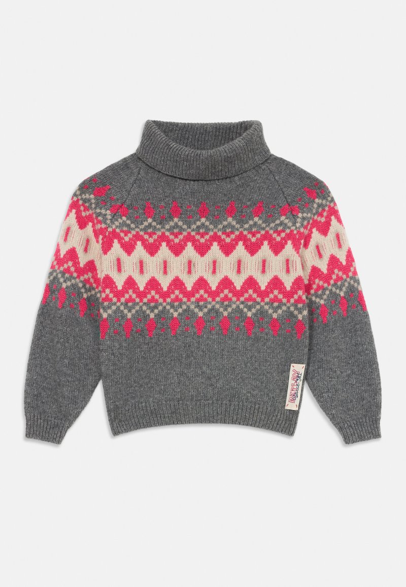 Pulover tricotat gri cu guler înalt și un model vibrant de tip fair isle în nuanțe de roz și crem, ce conține forme geometrice. Textură moale și manșete ribbate.