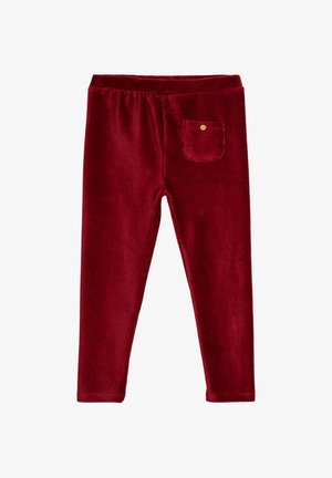 Rode fluwelen kinderbroek met elastische taille en een klein knoopzakje op de rechterheup.