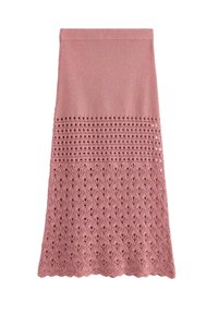 Gonna a tubo lavorata a maglia in rosa tenue, con un motivo testurizzato caratterizzato da forme a rombo con lavoro a giorno, orlo a input e fascia elastica in vita.