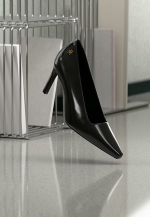 Schwarzer High-Heel-Schuh mit spitzer Zehenpartie und goldfarbenem Logodetail, aufrecht stehend auf einer reflektierenden Oberfläche neben einem Metall-Aktenhalter.