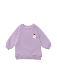 Lila Fleece-Pullover mit Raglanärmeln, gerippten Bündchen und Saum. Mit einem verspielten Aufdruck eines lächelnden Charakters mit Hut.