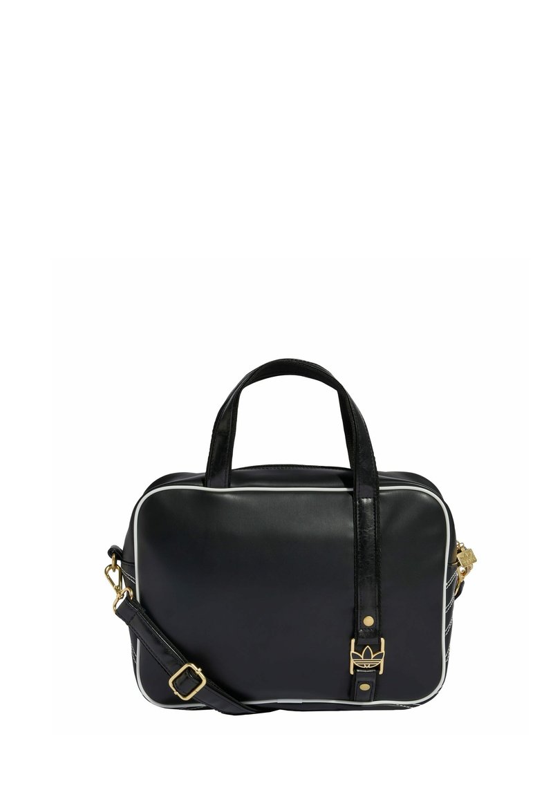 Sac à bandoulière rectangulaire noir avec doubles poignées, sangle ajustable, passepoil blanc et logo Adidas doré avec accents métalliques.