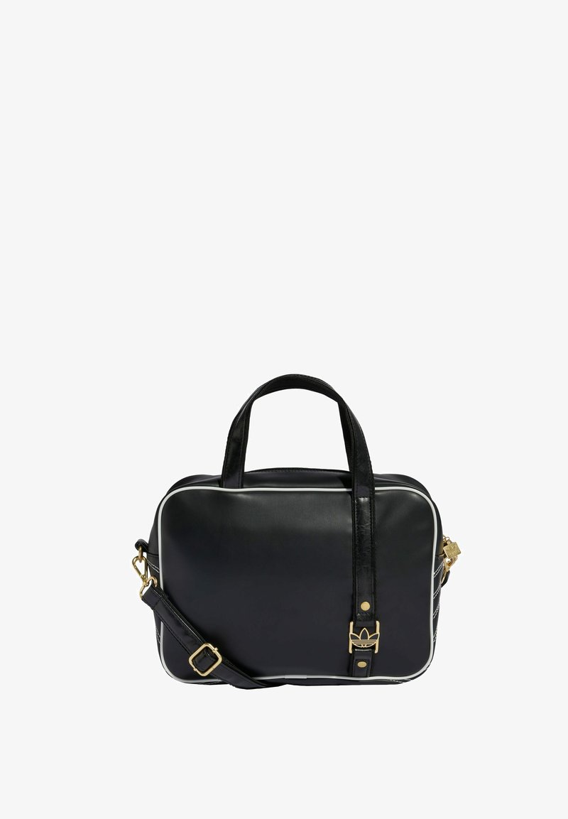 Sort rektangulær skuldertaske med dobbelte håndtag, justerbar rem, hvide kantninger og guldfarvet Adidas-logo og hardware-detaljer.