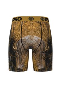 Boxer aderenti con un disegno ornamentale oro e nero, caratterizzati da motivi intricati, una fascia in vita gialla con marchio e una texture in tessuto elasticizzato.