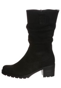 Bottine noire à cheville avec un design froissé, en simili cuir, coutures contrastées, bout arrondi et talon empilé.