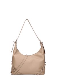 Beige leren schoudertas met een slouchy vorm, verstelbare schouderband en accenten van zilverkleurig hardware. Heeft zijdetails met metalen studs.