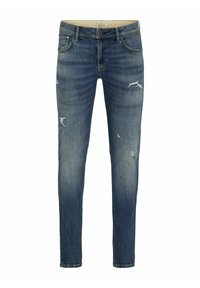 Jeans de denim de corte ajustado en azul medio, con áreas desgastadas, un leve desvanecimiento, cinco bolsillos y cierre de cremallera y botón.