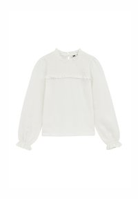 Blusa bianca a maniche lunghe con parte anteriore arricciata, dettagli a volant sul collo e sui polsi, realizzata in tessuto testurizzato, con zip sul retro.