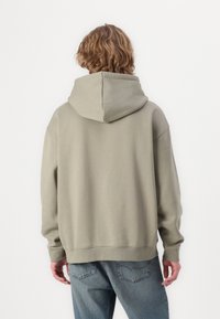 Light olive green hoodie with a large, adjustable hood, ribbed cuffs, and hem. Made from soft fabric, featuring a relaxed fit.