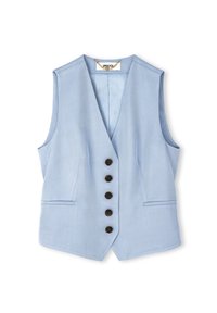 Gilet senza maniche di colore azzurro chiaro con colletto a punta, cinque bottoni scuri e due tasche anteriori. Texture liscia, design su misura.