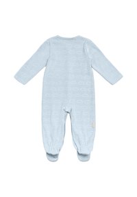 Body de bebé de color azul claro con mangas largas, que presenta un estampado de nubes y puños elásticos suaves. Confeccionado con una textura de tela acogedora y flexible.