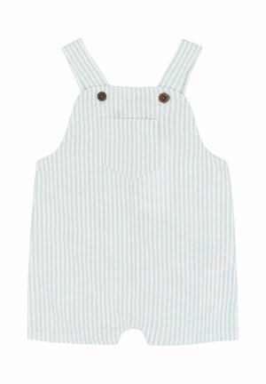 Pelele de bebé a rayas azul claro y blanco con bolsillo delantero y dos botones marrones en las tiras.