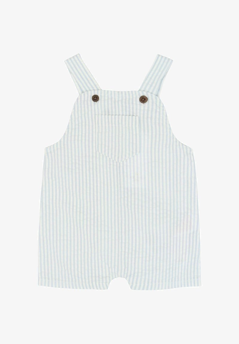 Combinaison bébé rayée bleu clair et blanc avec poche avant et deux boutons marron sur les bretelles.