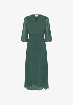 Roheline plisseeritud kleit, millel on ümbritsev V-kaelus, paisuvad varrukad ja venitatav talje. Valmistatud kergest, läbipaistvast kangast.
