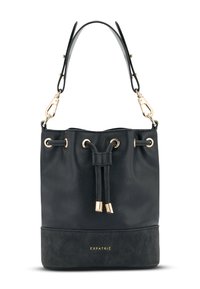 Svart läder bucket-väska med en mockabotten, detaljer i guld, snörstängning och justerbar rem. Har logotyp på framsidan.