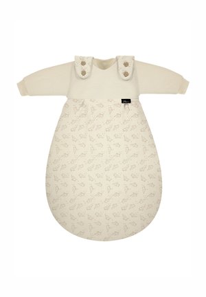 Cotton baby sleeping bag in cream with beige animal print, featuring a rounded shape, long sleeves, and button accents at the shoulders.