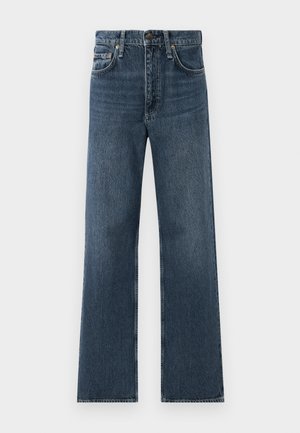 Blue straight-leg denim jeans with five pockets and a button closure, displayed against a white background.