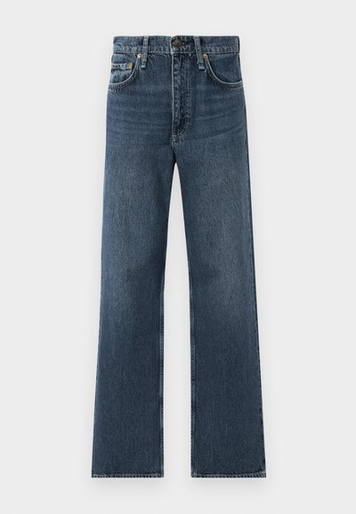 Blå jeans med rett ben og fem lommer, med knappefeste, avbildet mot en hvit bakgrunn.