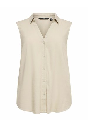 Ærmeløs beige knap-op bluse med krave, V-hals og let udvidet kant, designet til en afslappet pasform.