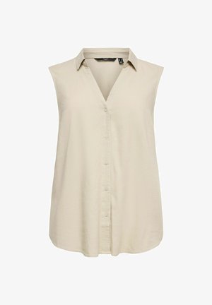 Bluza bej fără mâneci cu nasturi, guler, decolteu în V și tiv ușor evazat, concepută pentru o potrivire lejeră.