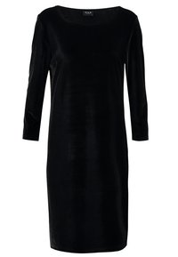 Schwarzes Samtdress mit Dreiviertelärmeln, weiter Ausschnitt und geradem Schnitt. Verfügt über eine glatte Textur und ein minimalistisches Design.