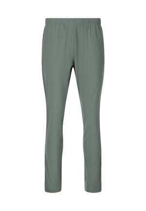 Leichte, taillierte Hose in gedämpftem Grün, aus einem glatten, atmungsaktiven Stoff; mit einem elastischen Bund und seitlichen Taschen.