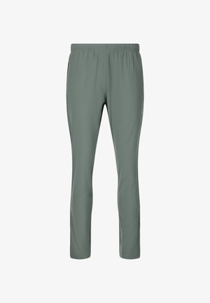 Pantalon léger et effilé en vert atténué, fabriqué à partir d'un tissu doux et respirant ; il dispose d'une taille élastique et de poches latérales.