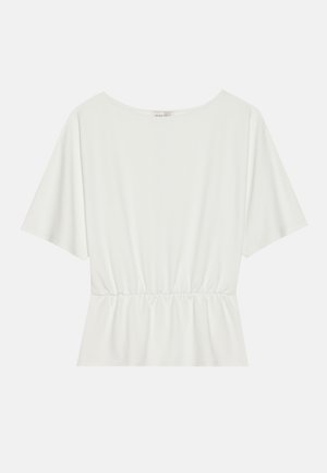 Witte, kortzichtige top met een wijde halslijn en een geraffineerde taille. Gemaakt van zachte stof, met een losse pasvorm en een minimalistisch ontwerp.