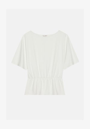 Top branco de mangas curtas com um decote amplo e cintura franzida. Feito de um tecido suave, apresenta um corte solto e um design minimalista.