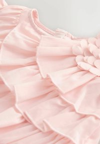 Roosa rõivas kihilise volangiga ja lillekaunistusega. Valmistatud pehmest kangast, millel on sile pind. Omab nööpidega kinnitust.