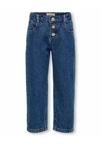 Jeans de denim azul oscuro con corte recto, cierre frontal de tres botones y cinturilla elástica. Cuenta con bolsillos delanteros y costuras cosidas.