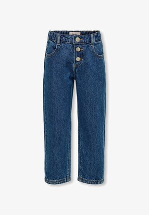 Temno modri jeans z ravnim krojem, trojnim gumbom spredaj in elastičnim pasom. Ima sprednje žepke in šivane šive.