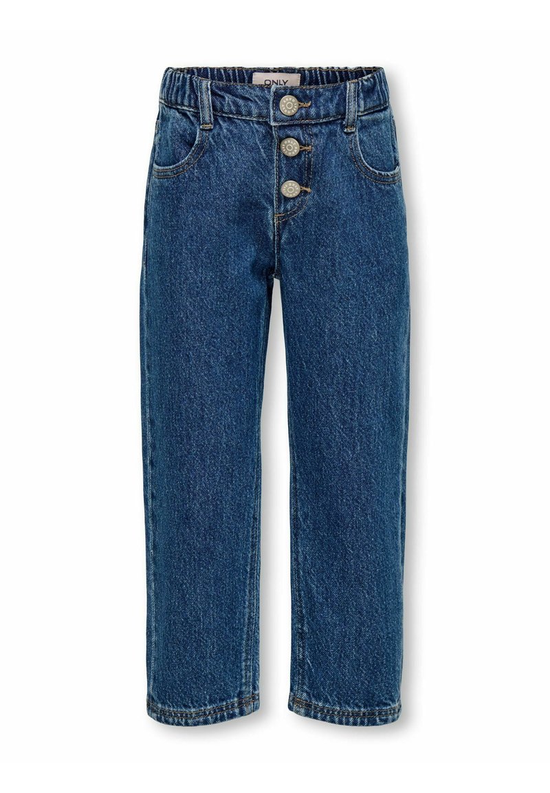 Jeans de denim azul oscuro con corte recto, cierre frontal de tres botones y cinturilla elástica. Cuenta con bolsillos delanteros y costuras cosidas.