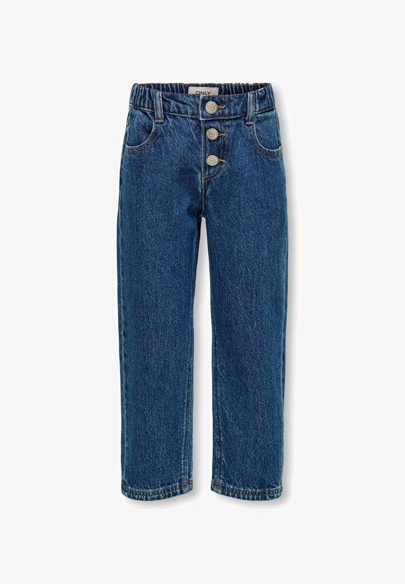 Tumed sinise denimist teksased sirge lõikega, kolme nupuga eesmine sulgemine ja elastne vöökoht. Omab eespool taskuid ja õmblusi.