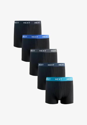 Fünf schwarze Herren-Boxershorts in einer Reihe mit elastischen Bunds in Schwarz, Blau, Grau, Marineblau und Türkis, jeweils mit "NEXT" in Weiß gebrandet.