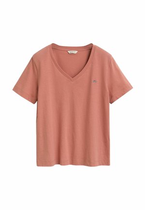 Roze v-hals t-shirt van katoen. Korte mouwen, losse pasvorm en klein logo op de linkerkant van de borst. Soepele textuur, geen patronen.